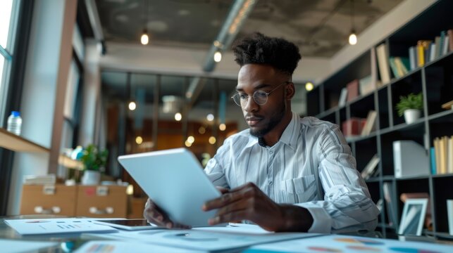 Professional Analyzing Work on Tablet