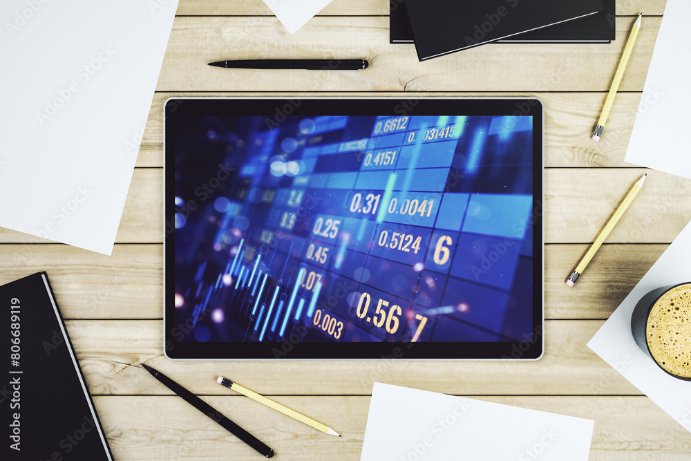 Aufkleber Top view of abstract creative financial graph on modern digital tablet screen, forex and investment concept. 3D Rendering