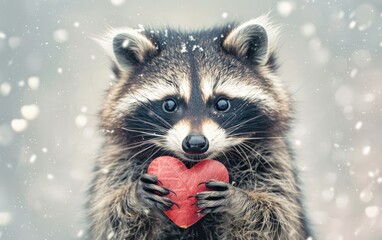 Captures a Small Raccoon's Smiling Gesture as It Holds a Heart, Generative ai.