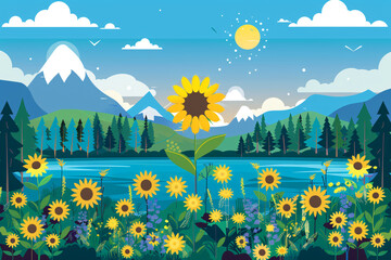 Serene nature landscape with sunflower and mountains