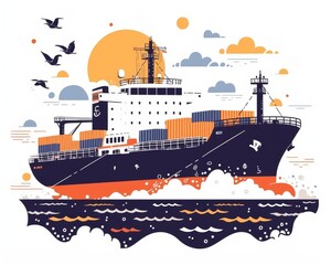 Flat vector of a cargo ship navigating the ocean, minimalistic style, isolated on white background