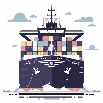 Flat vector illustration of a cargo ship at sea, full of containers, calm ocean, isolated on white