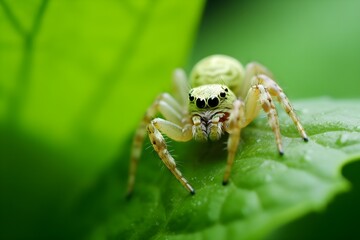 Nature's Intricacies Revealed: Macro Photo of white Spider on Green Leaf Offers Close-Up Glimpse of Wildlife, background blurred