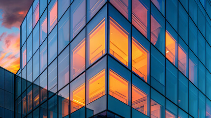 A modernist facade, with clean geometric shapes as the background, during the golden hour