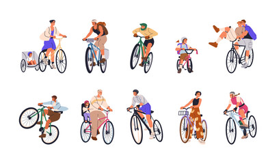 Naklejka premium Cycling characters set. Happy people riding bicycles. Active cyclists on bikes. Men, women, kids enjoying summer sports activity, pedaling. Flat vector illustration isolated on white background