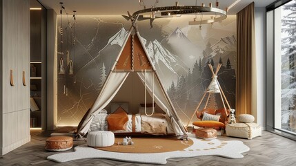 adventure themed kids'bedroom featuring a white bed with orange and white pillows, a white rug, and a brown curtain against a white wall and ceiling