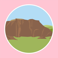 Rocky mountain landscape in flat style. Vector illustration on a pink background.