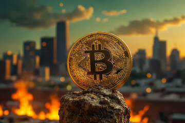  BITCOIN, BUILDINGS IN THE BACKGROUND,
