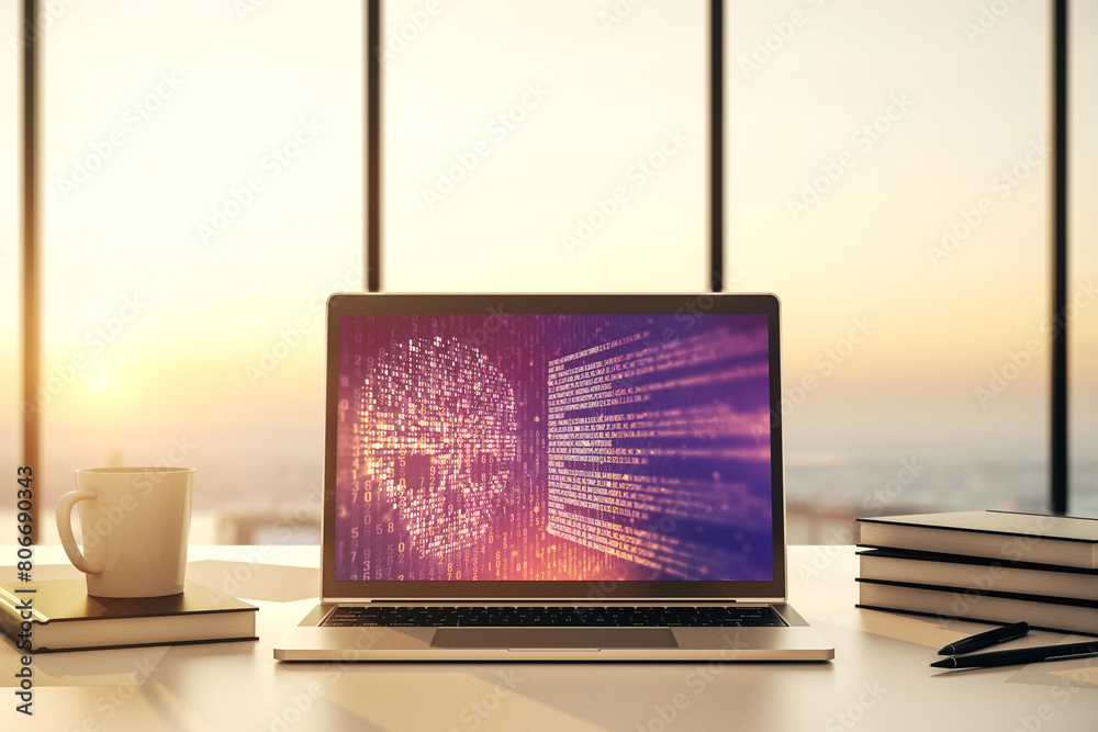 Aufkleber Modern computer monitor with creative code skull hologram. Malware and cyber crime concept. 3D Rendering