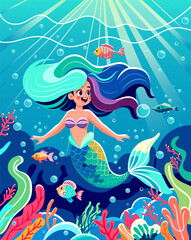 A smiling mermaid with colorful hair among fish and coral reefs, vector illustration, on a blue underwater background, concept of fantasy. Vector illustration