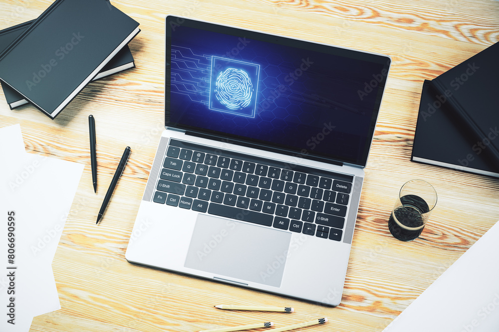 Poster abstract creative fingerprint concept on modern laptop screen. 3d rendering