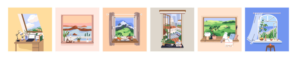 Views from cozy homes. Look out from open windows set. Beautiful nature and city landscapes, sea beach, countryside, field, mountain outside, windowsills, tables inside. Flat vector illustrations