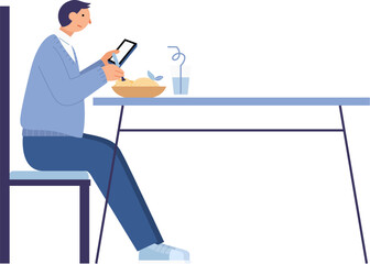 Man using smartphone while eating