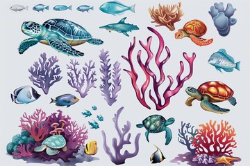 Marine life, such as colorful coral reefs, schools of tropical fish, and serene sea turtles. Against a transparent background for use in underwater scenes or educational materials