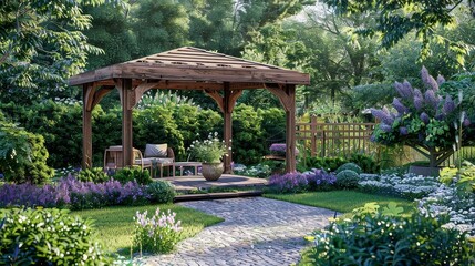 backyard garden with wooden gazebo and purple flowers, surrounded by a wooden fence and brown roof - Powered by Adobe