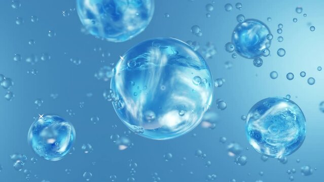 Many small bubbles of different sizes are rotating around a large bubble then being sucked inside by it, blue background. Creative stock for advertise video of beauty product, 3D rendered