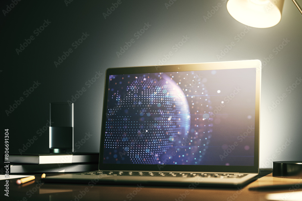 Leinwandbilder modern computer screen with abstract creative digital world map, research and analytics concept. 3d 