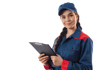 Woman Mechanic in Work Attire with Clipboard on White Background