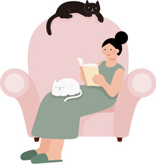 Woman reading and sitting in the pink sofa with two cats