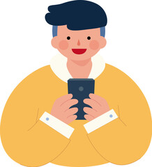 Young boy happily using the smartphone