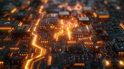 A close-up view of a glowing circuit board with intricate pathways of electricity pulsating with light.