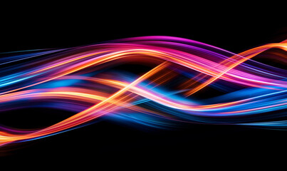A colorful light trail on black background, long exposure photography, wind style, swirling lines, flowing curves