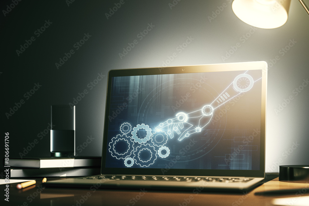 Leinwandbilder modern computer monitor with robotics technology hologram. research and development software concept