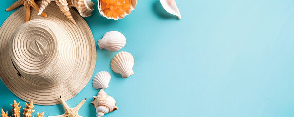 Summer Vibes with Seashells, Sand, and Starfish on Bright Blue Background