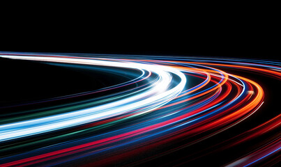 A colorful light trail on black background, long exposure photography, wind style, swirling lines, flowing curves