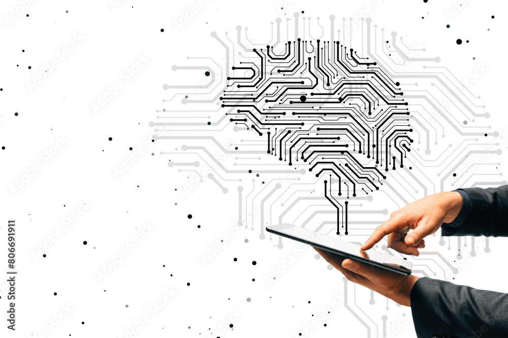 Poster close up of male hands holding smartphone with creative circuit brain hologram on white background w