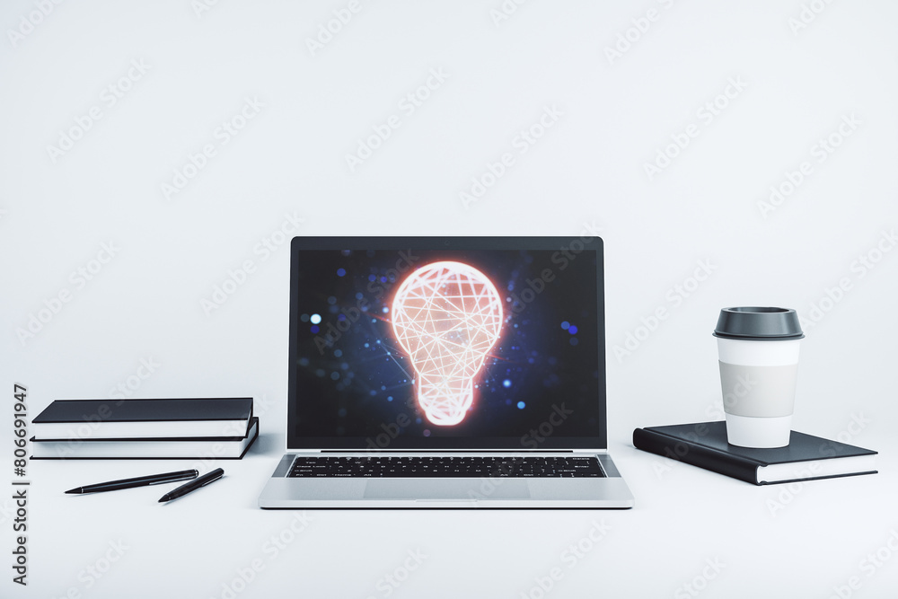 Poster creative light bulb hologram on modern laptop monitor, idea concept. 3d rendering