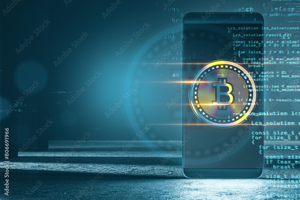 Poster Close up of smartphone with creative glowing digital bitcoin on dark tech background with binary coding. Virtual cryptocurrency and futuristic banking concept. 3D Rendering.