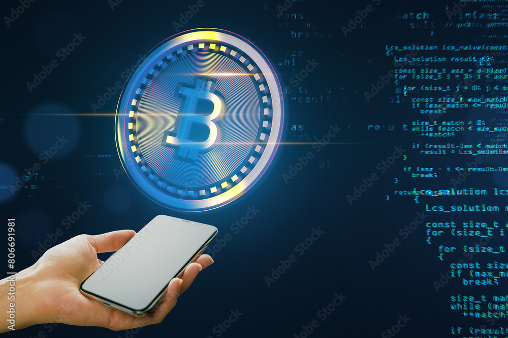 Poster Close up of female hand holding smartphone with creative glowing digital bitcoin on dark tech background with binary coding. Virtual cryptocurrency and futuristic banking concept.