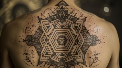 Intricate geometric tattoo on skin, showcasing sharp lines and detailed patterns, includes elements like infinite loops and triangles, on a plain backdrop