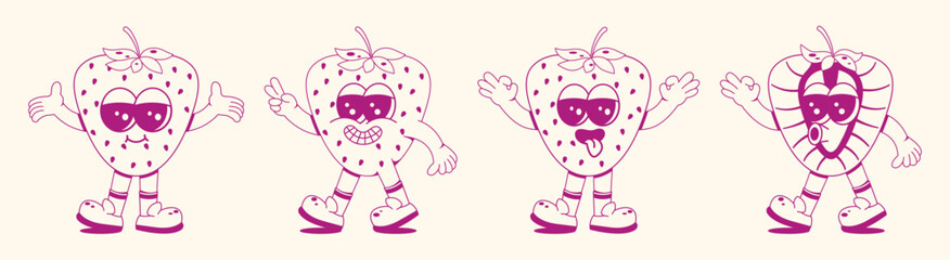 Strawberry character in linear style. Vector set of retro groovy strawberry mascots with different emotions, hand drawn arms and legs. Doodle illustration.