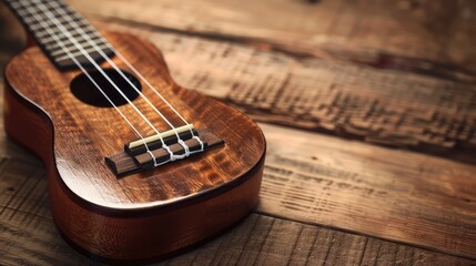 music day,Ukulele Hawaiian guitar on wooden backgroun close up,Acoustic guitar resting on rustic...