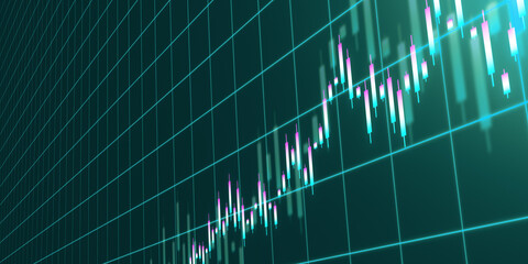 Creative growing candlestick forex chart on blue grid backdrop. Financial growth and stock concept. 3D Rendering.
