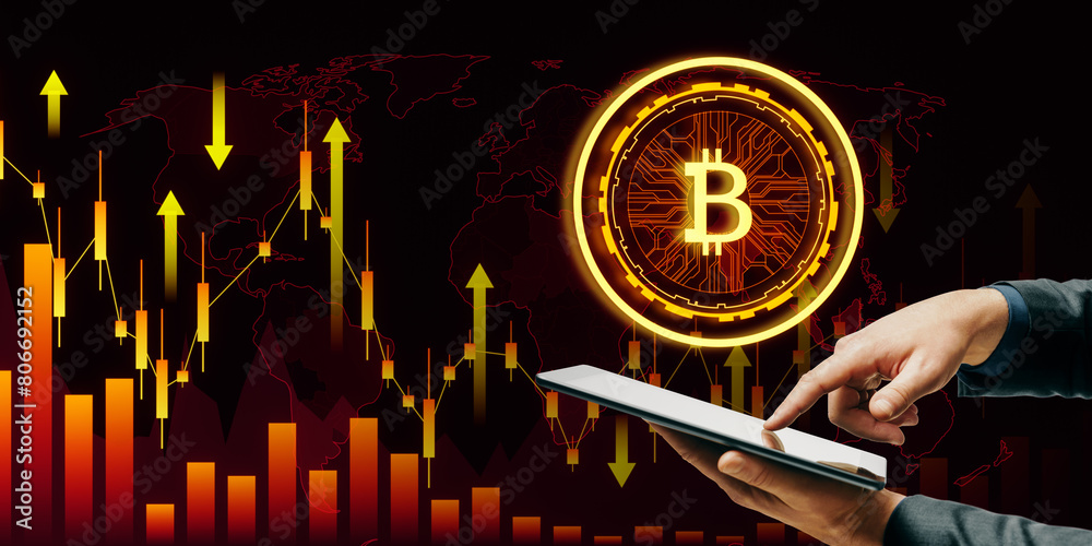 Aufkleber Close up of male hand using mobile phone with creative digital bitcoin on dark tech background with falling red forex chart and arrows. Broker, crisis and futuristic banking concept.