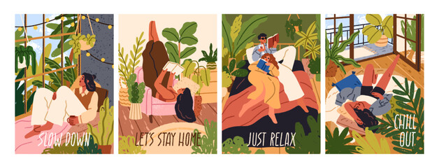 Rest, relax at cozy home, cards set. Weekend leisure time, people enjoying slow living, hygge relaxation. Holiday lounge, pleasure and lazy recreation moments, posters. Flat vector illustrations