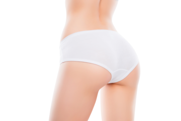Close up photo of fit woman's ass with perfect ideal skin in white lingerie isolated over white background result of anti cellulite cream scrub. Wellness wellbeing spa salon concept