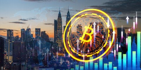 Creative glowing digital bitcoin on wide blurry city background with forex chart and arrows. Broker...
