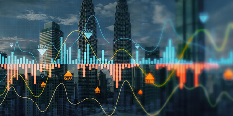 Creative growing candlestick forex chart on wide blurry city background. Financial growth and stock...