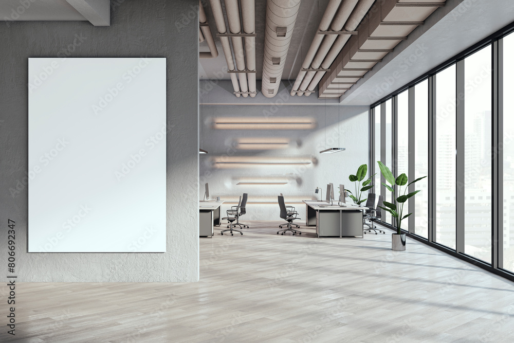 Poster modern coworking office interior with empty white mock up billboard on wall, window and sunlight. 3d