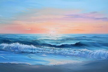 Fototapeta premium Pastel ocean waves at tranquil sunrise painting
