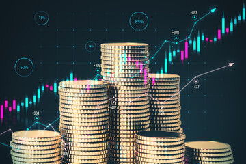 Creative growing forex chart and stacked golden coins on dark background. Trade, growing income and stock concept. Double exposure.