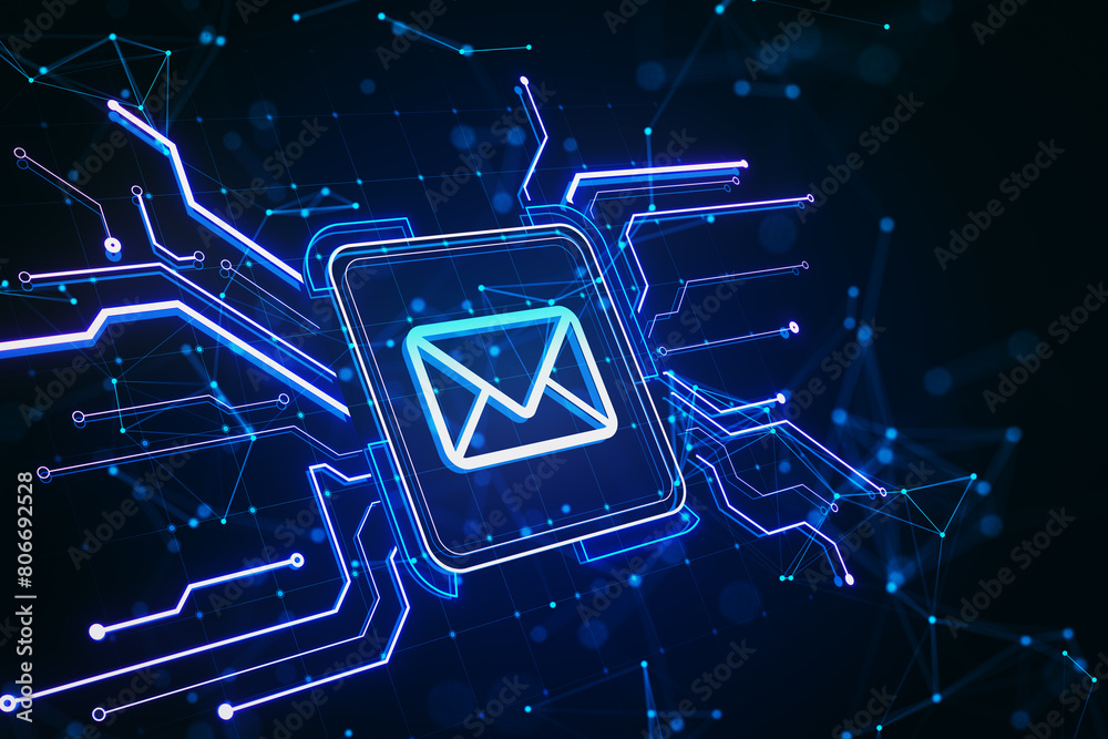 Poster Creative square circuit button hologram with email icon on dark background. Technology and e-mail newsletter concept. 3D Rendering.