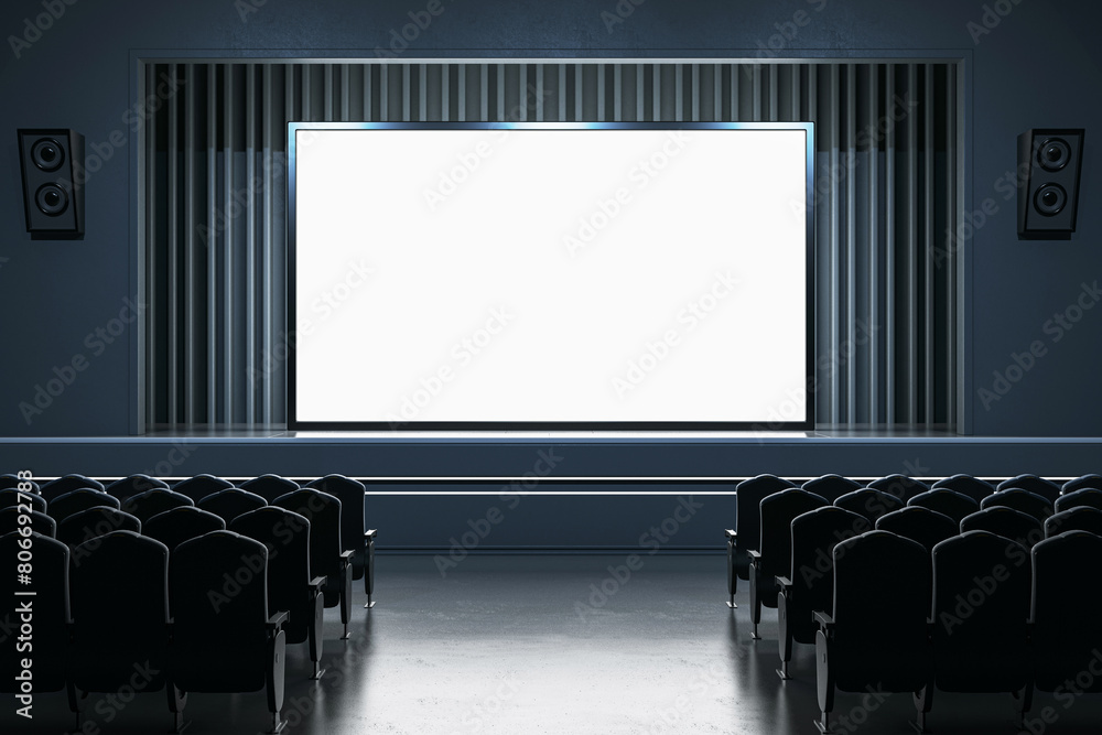 Aufkleber Wide digital screen in a dark presentation room with speaker system. 3D Rendering
