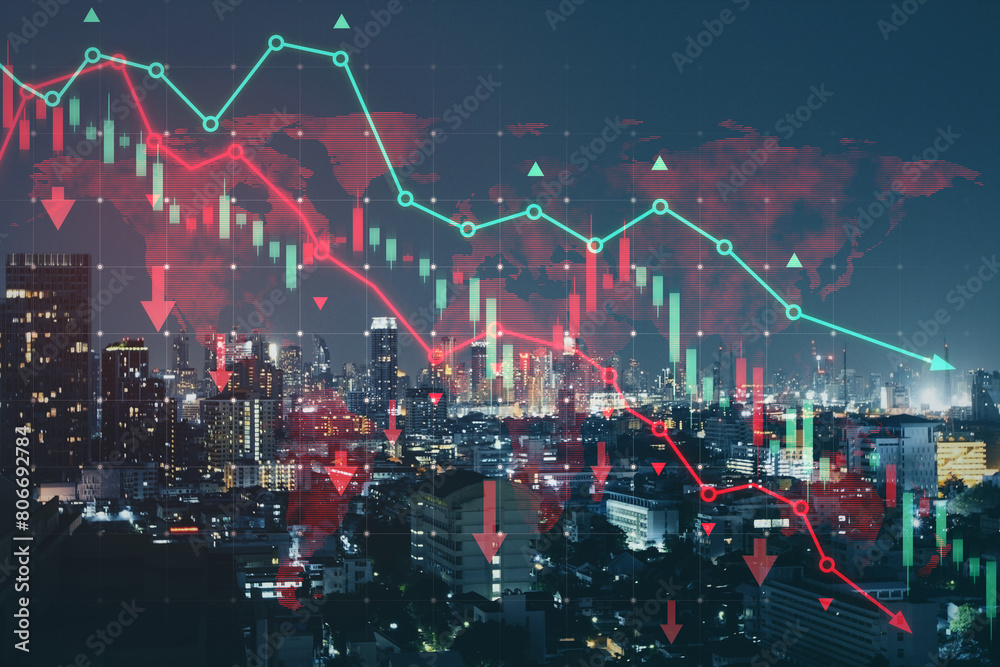 Poster abstract falling red forex chart and map on blurry night backdrop. trade and crisis concept. double 