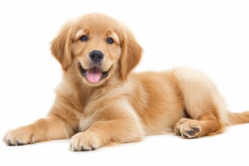 A cheerful golden retriever puppy lying down on a white background, looking at the camera with a playful expression