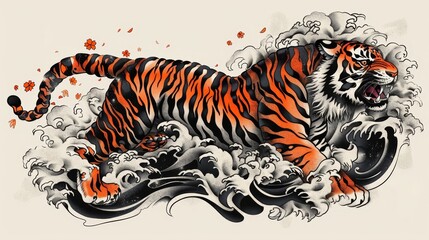 Intricate depiction of a Japanese tiger tattoo, curling along the torso, symbolizing courage and strength, with bold black and orange colors, isolated background